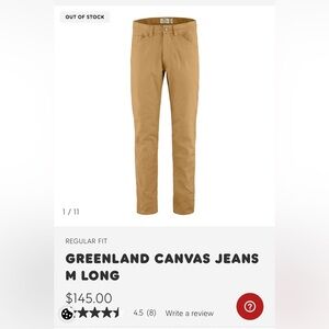 NWOT. Fjall Raven Greenland Canvas Jeans. 30/31 men’s long